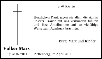 Traueranzeige von Volker Marx von Tageszeitung