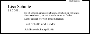 Traueranzeige von Lisa Schulte von Tageszeitung