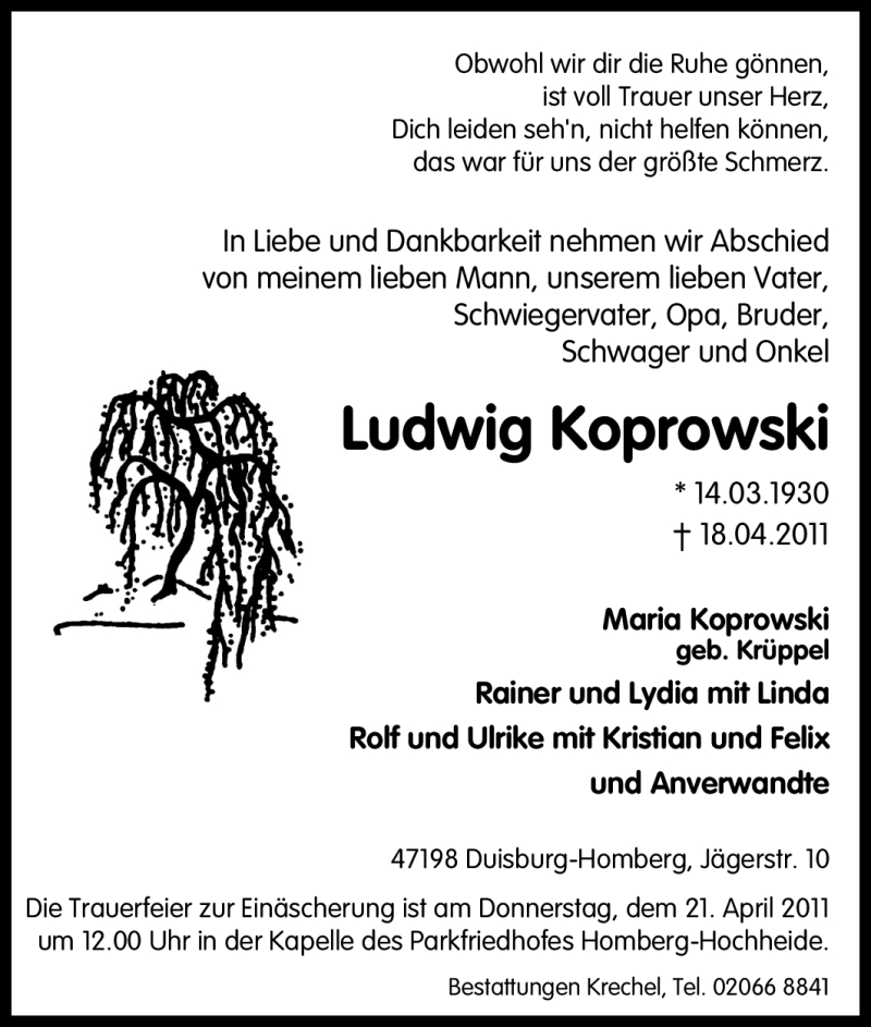  Traueranzeige für Ludwig Koprowski vom 20.04.2011 aus Tageszeitung
