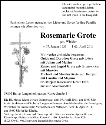 Traueranzeige von Rosemarie Grote von Tageszeitung