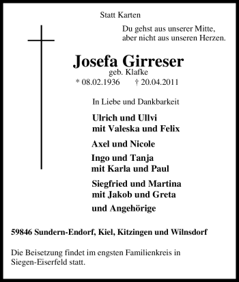 Traueranzeige von Josef Girreser von Tageszeitung