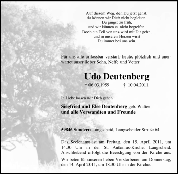 Traueranzeige von Udo Deutenberg von Tageszeitung