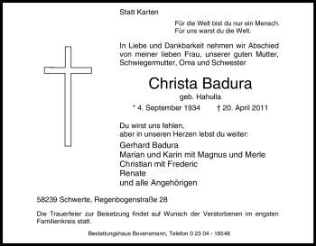 Traueranzeige von Christa Badura von Tageszeitung