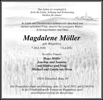 Traueranzeige von Magdalene Möller von Tageszeitung