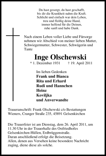 Traueranzeige von Inge Olschewski von Tageszeitung