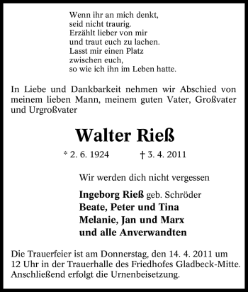 Traueranzeige von Walter Rieß von Tageszeitung