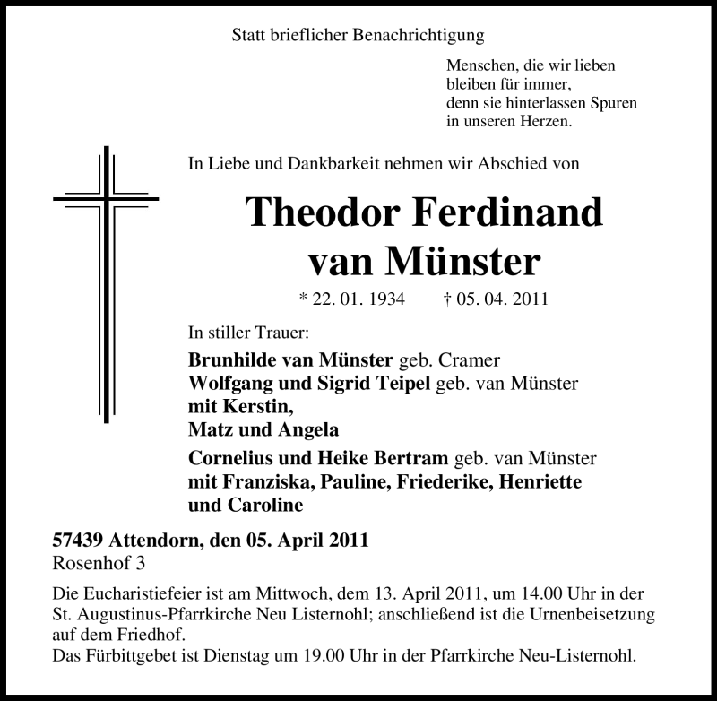  Traueranzeige für Theodor Ferdinand van Münster vom 07.04.2011 aus Tageszeitung