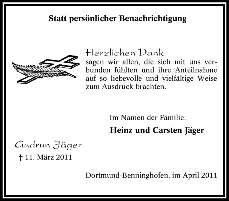  Traueranzeige für Gudrun Jäger vom 09.04.2011 aus Tageszeitung