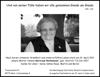 Traueranzeige von Helene Gertraud Rethemeier von Tageszeitung