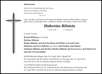 Traueranzeige von Hubert Bilstein von Tageszeitung