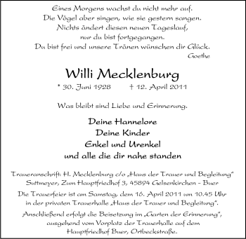 Traueranzeige von Willi Mecklenburg von Tageszeitung