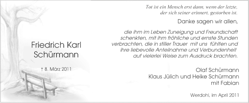  Traueranzeige für Friedrich Karl Schürmann vom 30.04.2011 aus Tageszeitung