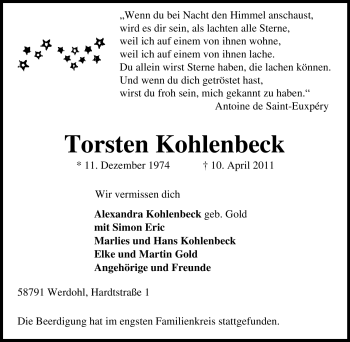 Traueranzeige von Torsten Kohlenbeck von Tageszeitung