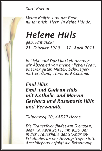 Traueranzeige von Helene Hüls von Tageszeitung