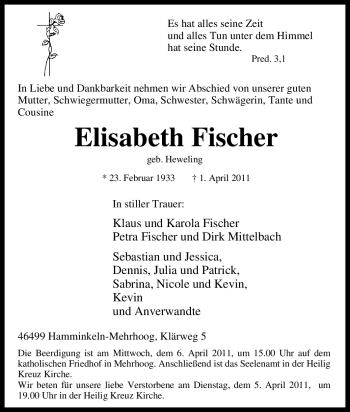 Traueranzeige von Elisabeth Fischer von Tageszeitung
