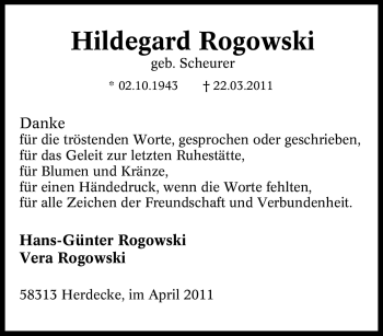 Traueranzeige von Hildegard Rogowski von Tageszeitung