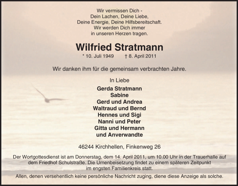  Traueranzeige für Wilfried Stratmann vom 12.04.2011 aus Tageszeitung
