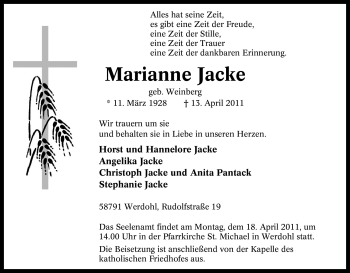 Traueranzeige von Marianne Jacke von Tageszeitung
