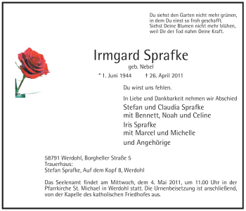 Traueranzeige von Irmgard Sprafke von Tageszeitung
