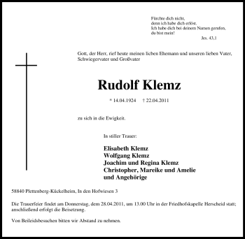 Traueranzeige von Rudolf Klemz von Tageszeitung