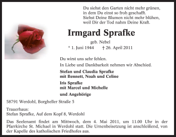 Traueranzeige von Irmgard Sprafke von Tageszeitung