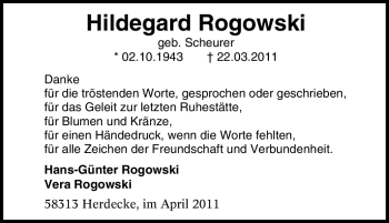 Traueranzeige von Hildegard Rogowski von Tageszeitung