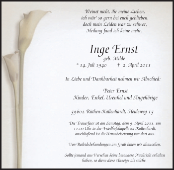 Traueranzeige von Inge Ernst von Tageszeitung