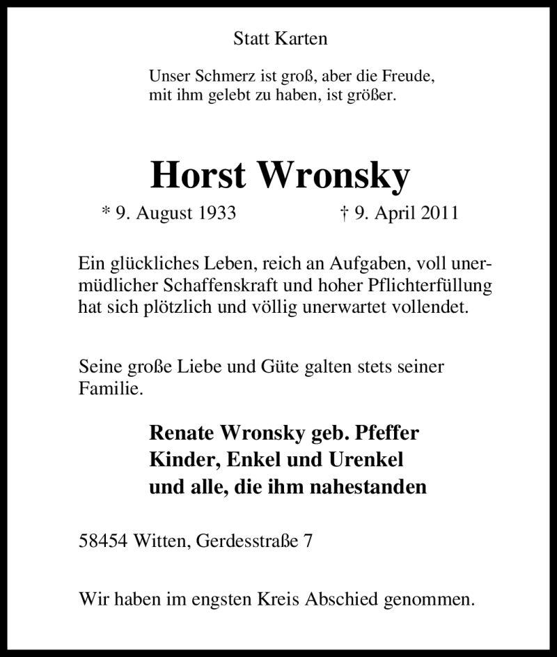  Traueranzeige für Horst Wronsky vom 16.04.2011 aus Tageszeitung