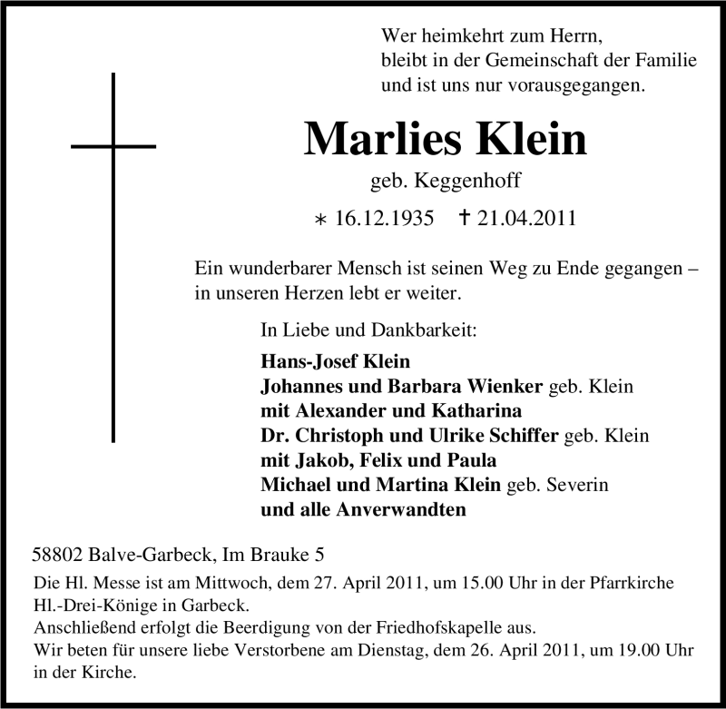  Traueranzeige für Marlies Klein vom 23.04.2011 aus Tageszeitung