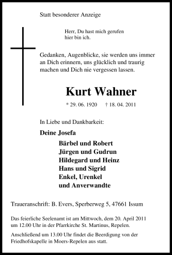 Traueranzeige von Kurt Wahner von Tageszeitung