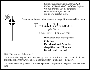 Traueranzeige von Frieda Magnus von Tageszeitung