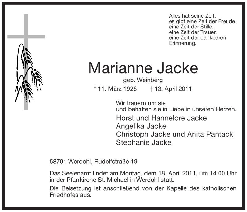  Traueranzeige für Marianne Jacke vom 15.04.2011 aus Tageszeitung