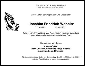 Traueranzeige von Joachim Friedrich Wabnitz von Tageszeitung