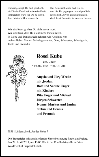 Traueranzeige von Rosel Kube von Tageszeitung