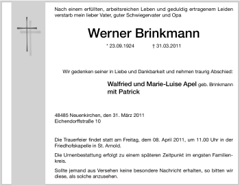 Traueranzeige von Werner Brinkmann von Tageszeitung