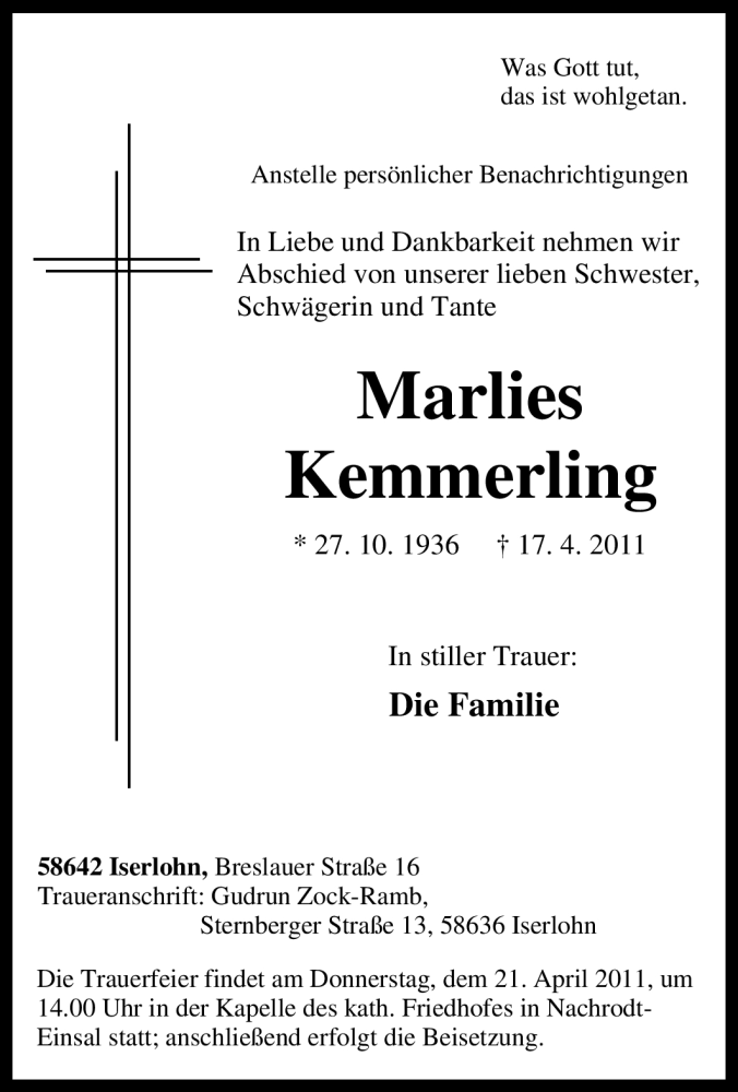  Traueranzeige für Marlies Kemmerling vom 19.04.2011 aus Tageszeitung