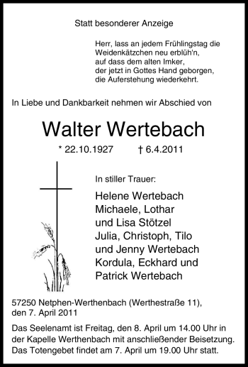 Traueranzeige von Walter Wertebach von Tageszeitung