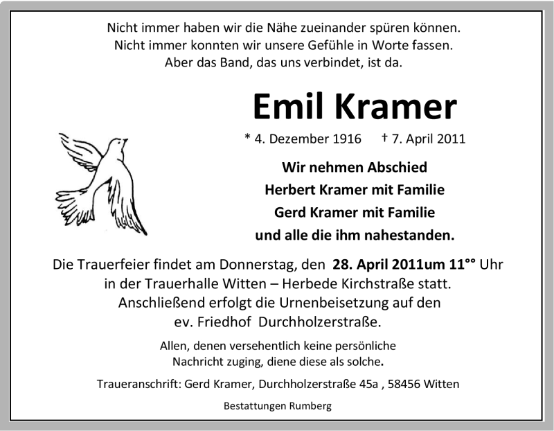 Traueranzeige für Emil Kramer vom 23.04.2011 aus Tageszeitung