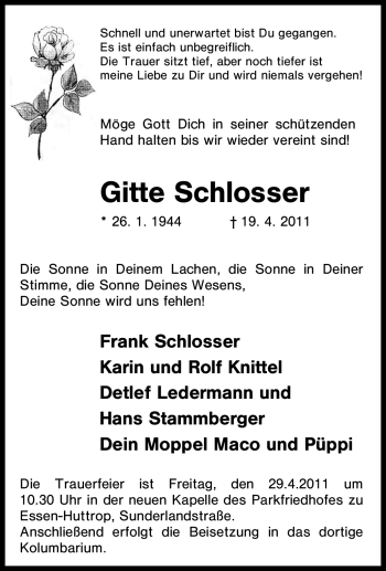 Traueranzeige von Gitte Schlosser von Tageszeitung