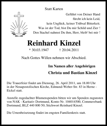 Traueranzeigen von Reinhard Kinzel | Trauer-in-NRW.de