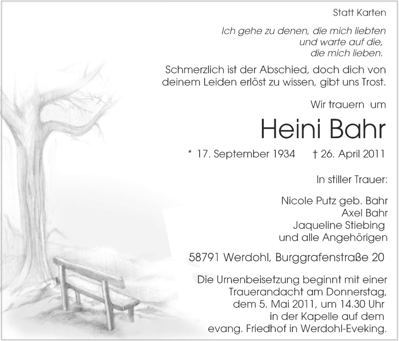  Traueranzeige für Heini Bahr vom 30.04.2011 aus Tageszeitung