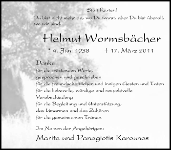 Traueranzeige von Helmut Wormsbächer von Tageszeitung