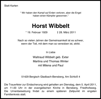 Traueranzeige von Horst Wibbelt von Tageszeitung