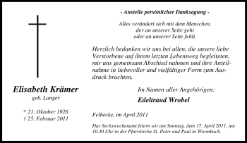 Traueranzeige von Elisabeth Krämer von Tageszeitung