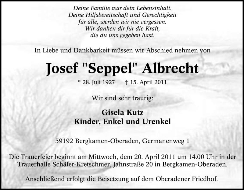  Traueranzeige für Josef Albrecht vom 18.04.2011 aus Tageszeitung