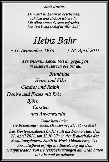 Traueranzeige von Heinz Bahr von Tageszeitung
