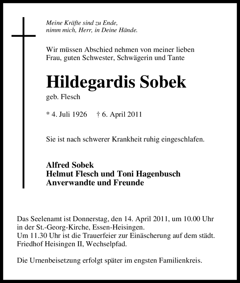  Traueranzeige für Hildegardis Sobek vom 12.04.2011 aus Tageszeitung