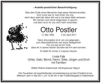 Traueranzeige von Otto Postler von Tageszeitung