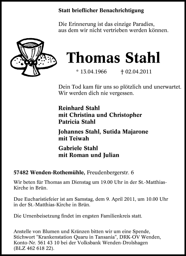  Traueranzeige für Thomas Stahl vom 05.04.2011 aus Tageszeitung