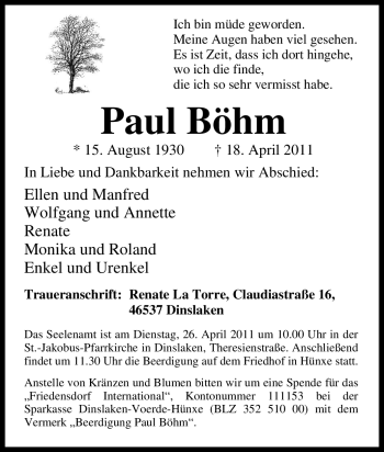 Traueranzeige von Paul Böhm von Tageszeitung